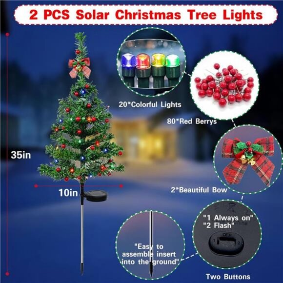 2PCS Solar Christmas Tree Lights Decor Outdoor, Xmas Tree Solar Powered - Picture 2 of 7